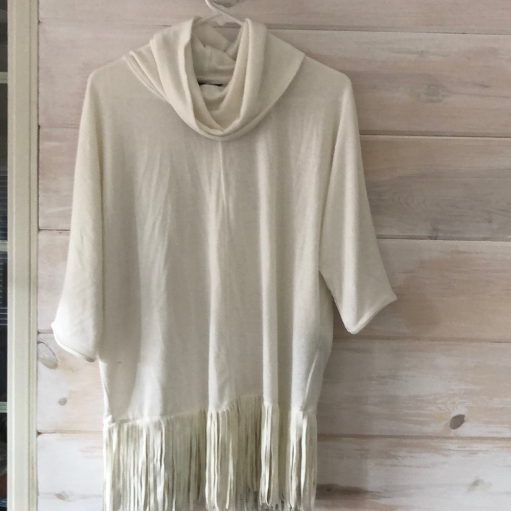 Terre Bleue‎ Cowl Neck Poncho Style Soft Sweater With Fringe and Sleeves